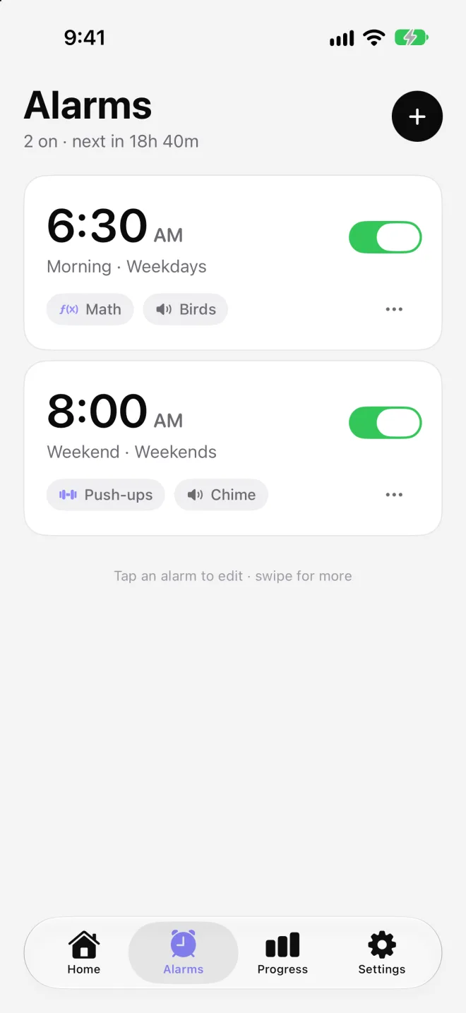 Alarms list with a 6:30 AM weekday alarm