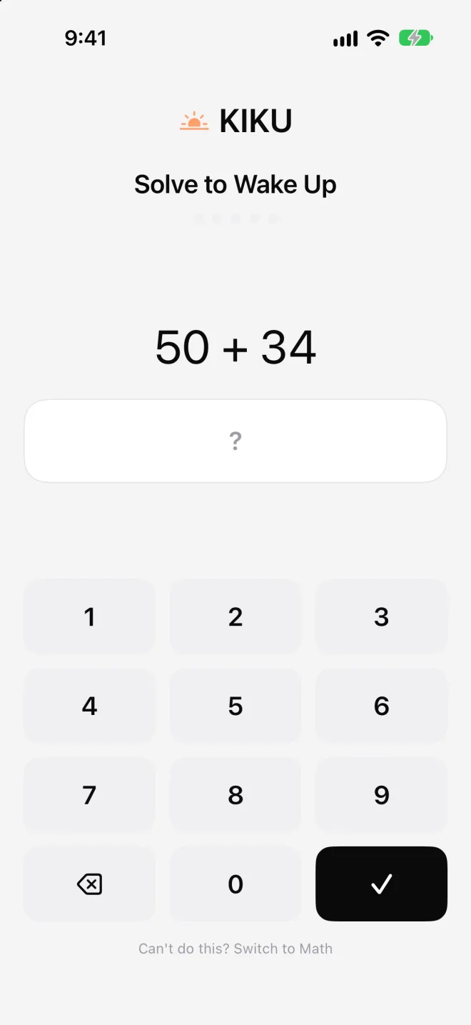 Math mission: solve 50 + 34 to turn off the alarm